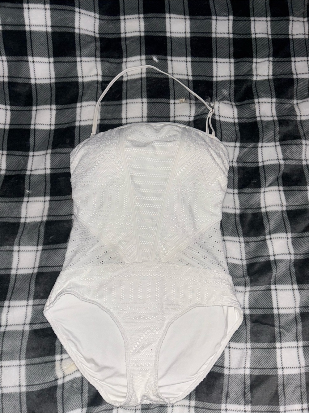 White Strapless Eyelet One-Piece Swimsuit with Removable Straps